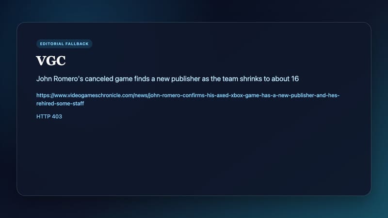Card describing John Romero's canceled game finding a new publisher